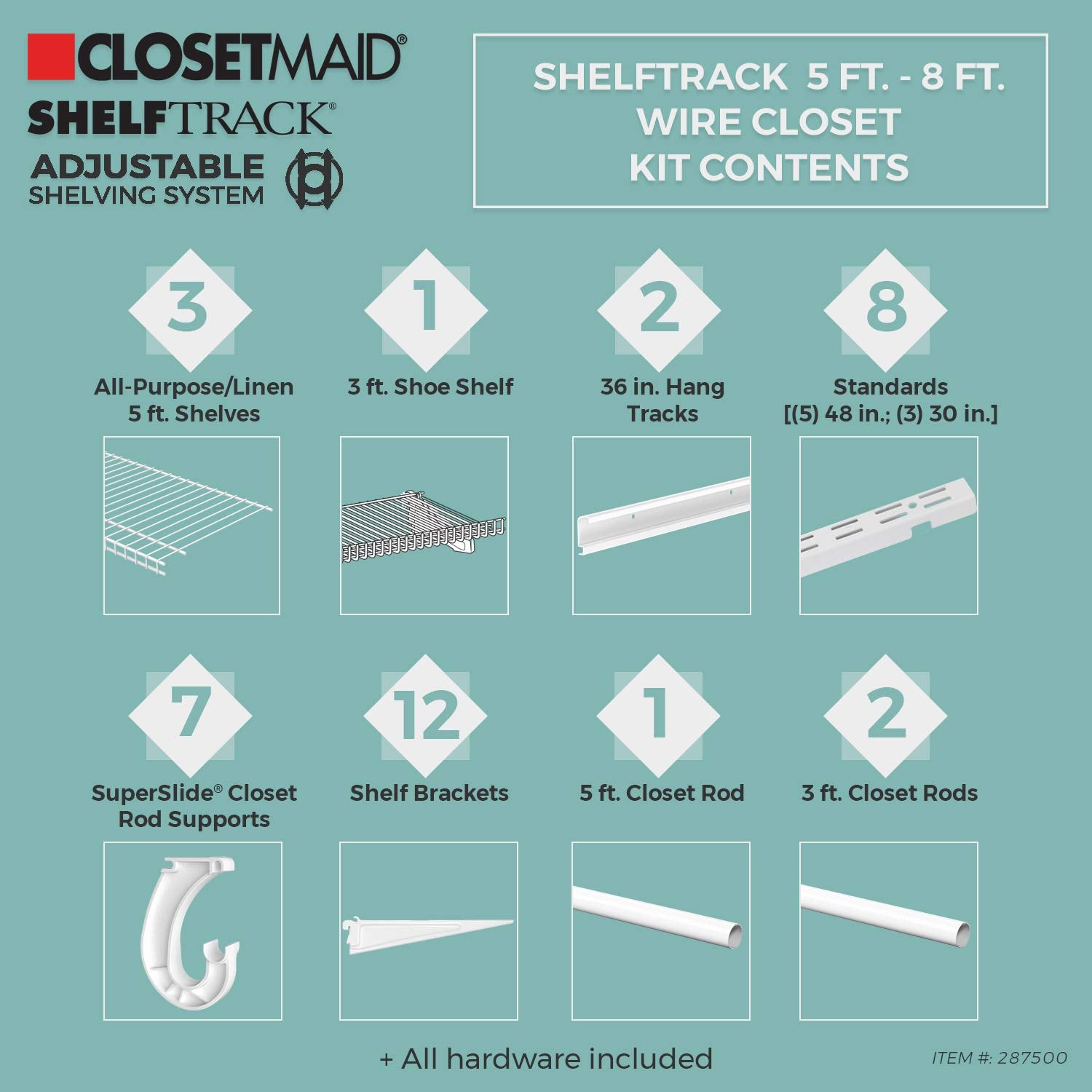 ClosetMaid ShelfTrack Wire Closet Organizer System, Adjustable from 5 to 8 Ft., with Shelves
