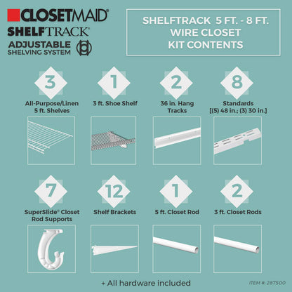 ClosetMaid ShelfTrack Wire Closet Organizer System, Adjustable from 5 to 8 Ft., with Shelves