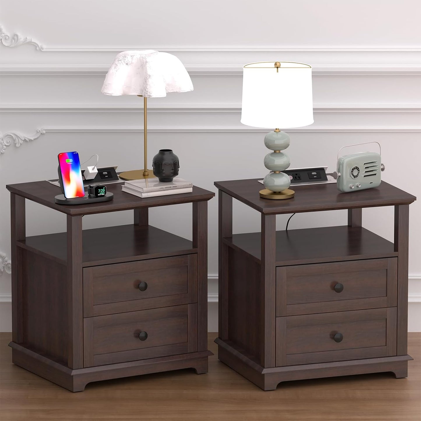 HIFYOBRO Large End Table Set of 2, 2 Drawers and Charging Station, Type-C & USB Port & Power