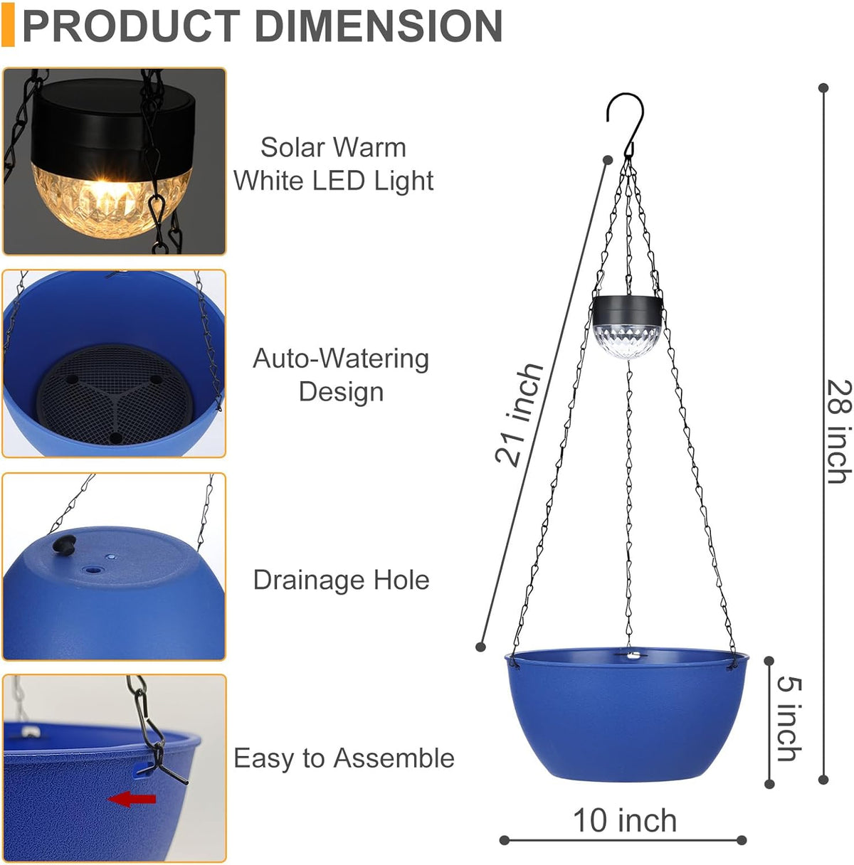 2 Packs Hanging Planters Basket for Outdoor Plants, Solar Powered Self Watering Blue Round Plastic