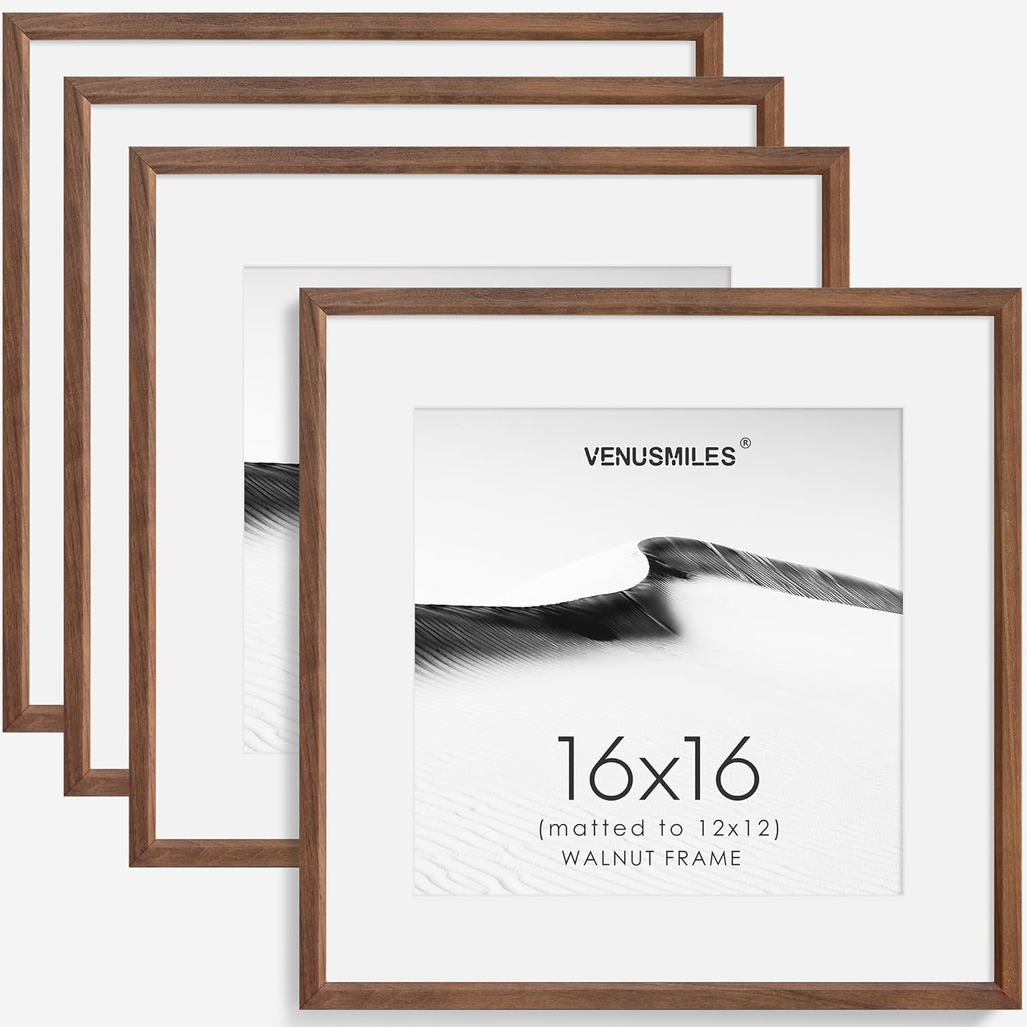 16x16 Picture Frame Set of 4 Natural Solid Walnut Photo Frames with 12x12 Removable Mat Wall