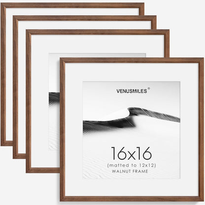 16x16 Picture Frame Set of 4 Natural Solid Walnut Photo Frames with 12x12 Removable Mat Wall