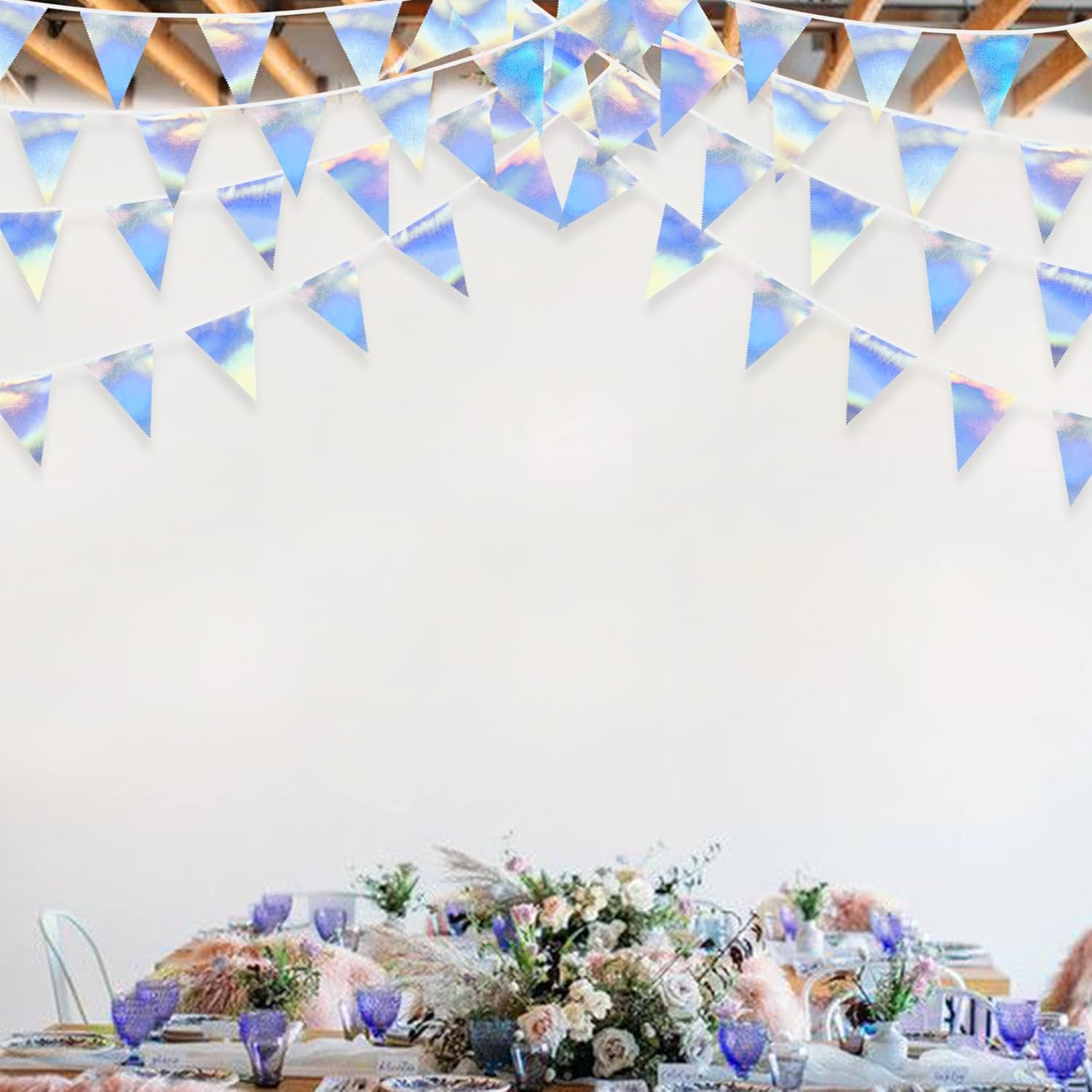 33Ft Iridescent Party Decoration Holographic Fabric Triangle Pennant Banner Flag Cotton Bunting
