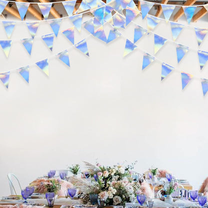 33Ft Iridescent Party Decoration Holographic Fabric Triangle Pennant Banner Flag Cotton Bunting