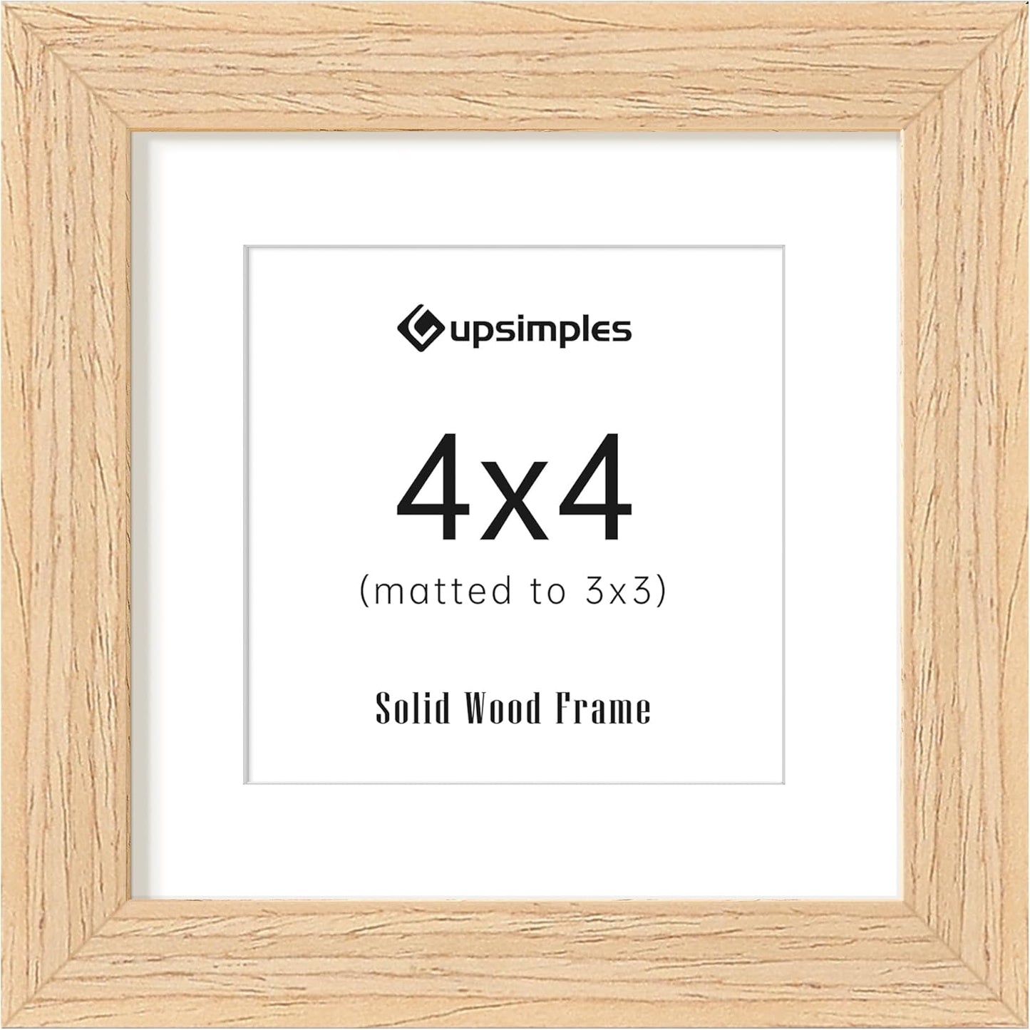 upsimples 4x4 Picture Frame, Natural Solid Wooden Picture Frames, Display 3x3 with Mat or 4 x 4
