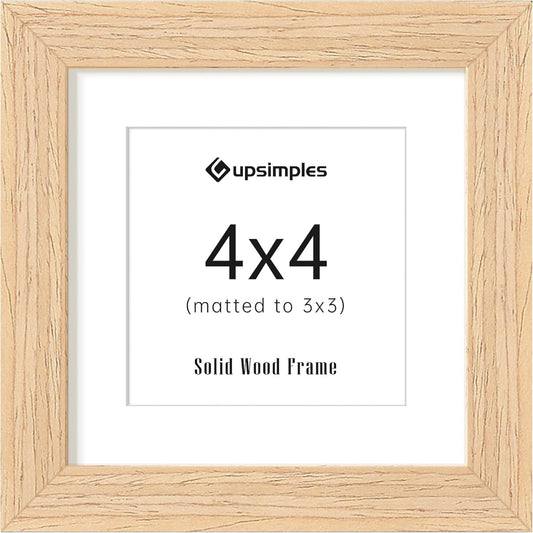 upsimples 4x4 Picture Frame, Natural Solid Wooden Picture Frames, Display 3x3 with Mat or 4 x 4