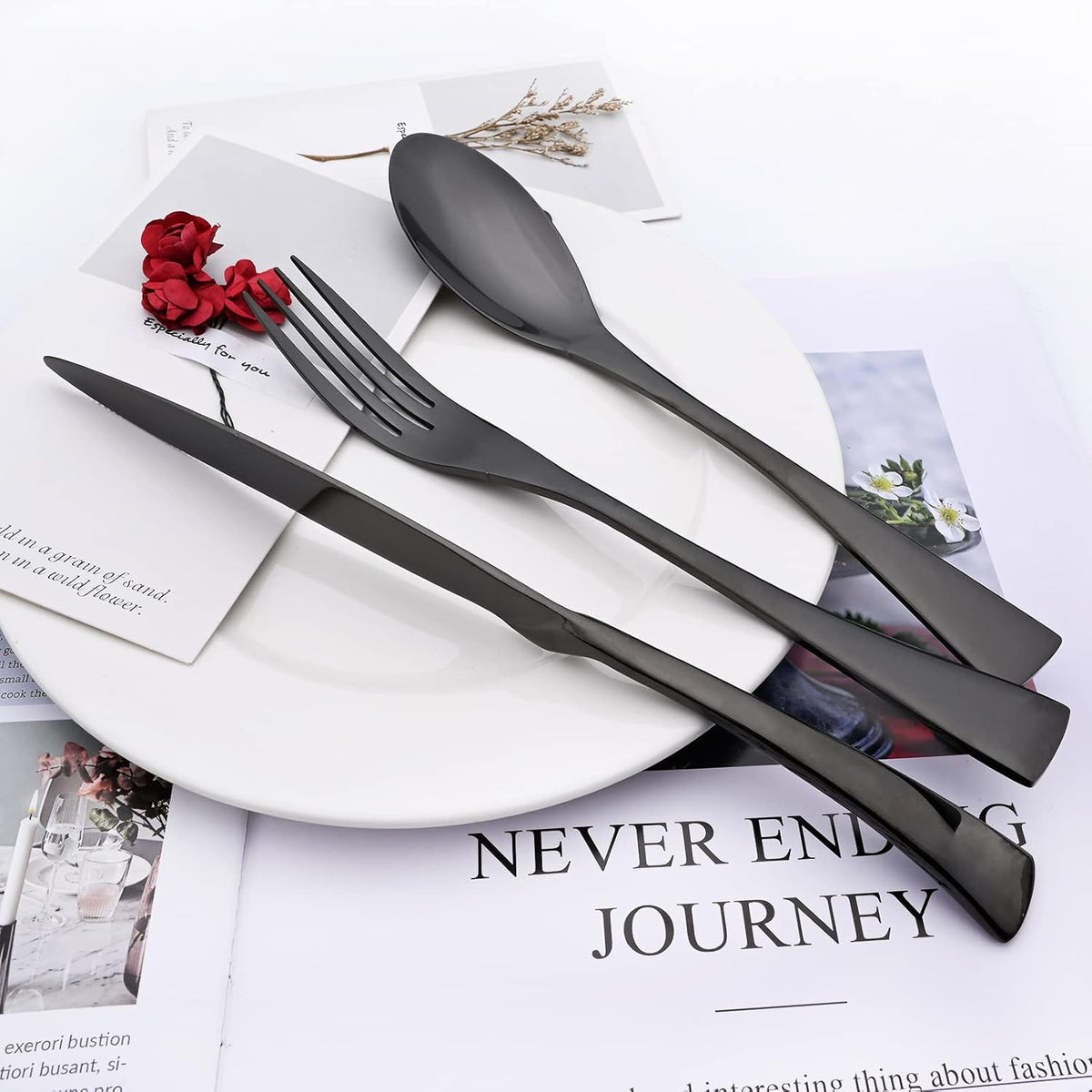 24-Piece Black Flatware, Mirror 18/10 Stainless Steel Modern & Luxury Dinnerware Set With Serrated