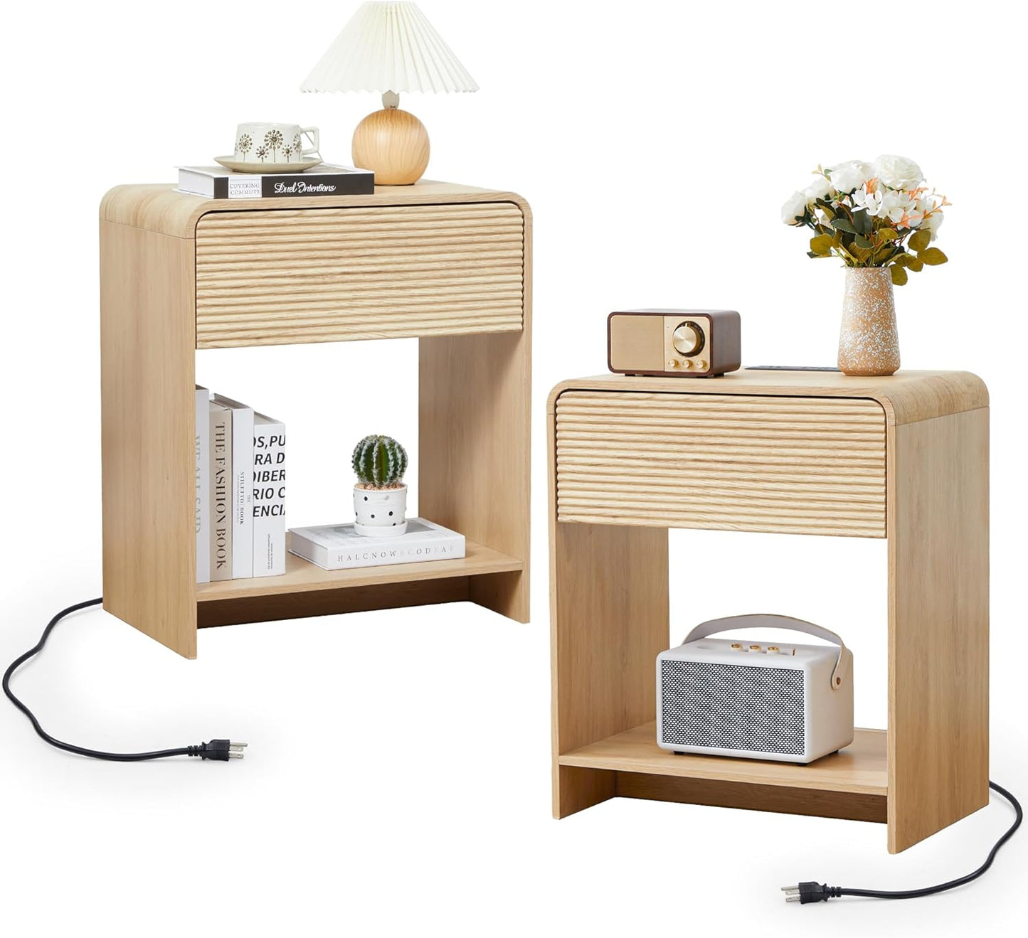 Fluted Nightstand Set of 2 with Charging Station, Modern Bed Side Table End Table with Drawer