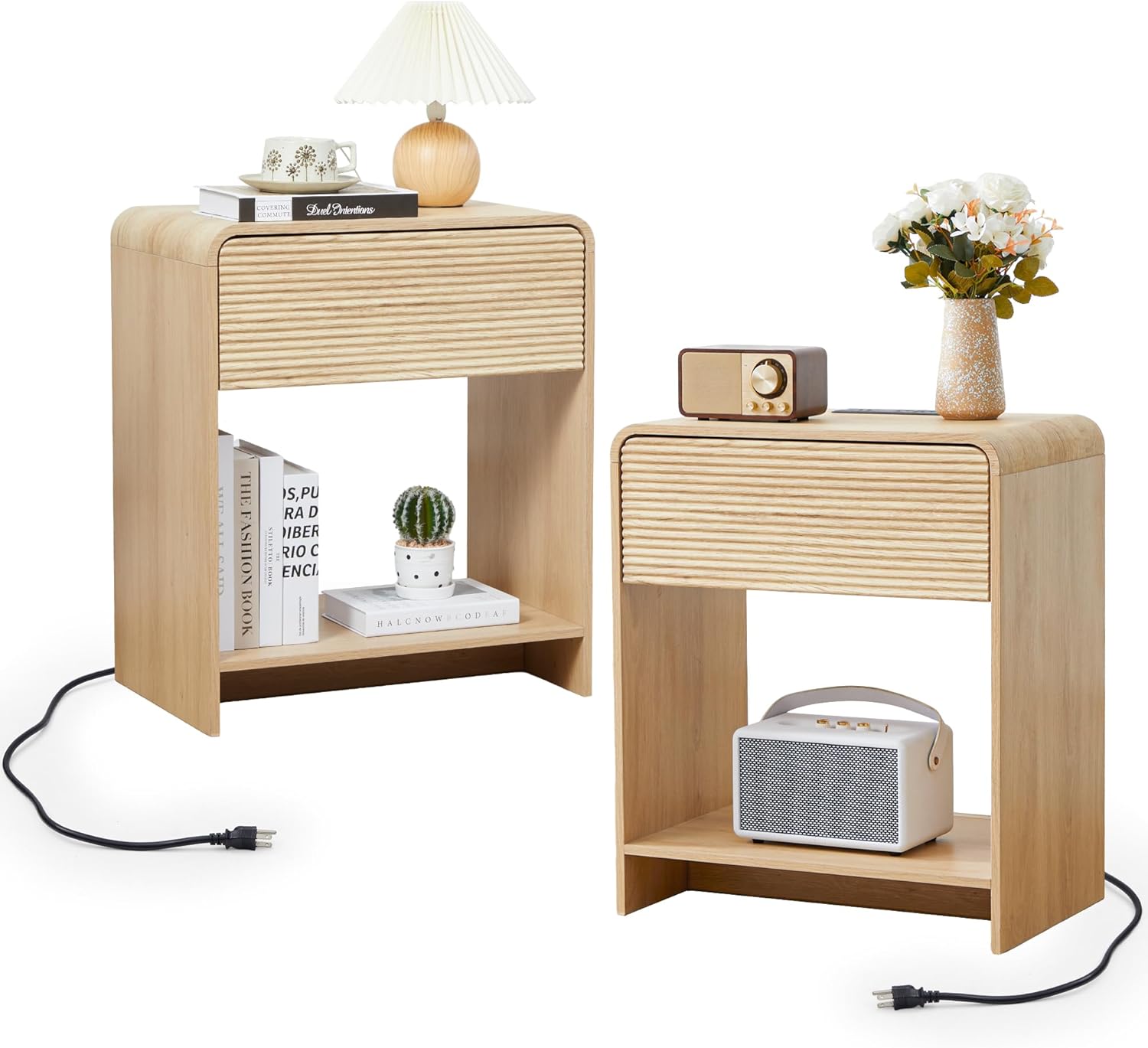 Fluted Nightstand Set of 2 with Charging Station, Modern Bed Side Table End Table with Drawer