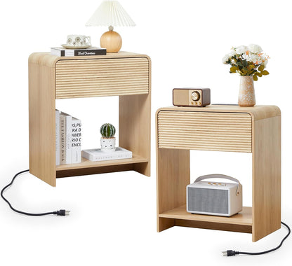 Fluted Nightstand Set of 2 with Charging Station, Modern Bed Side Table End Table with Drawer