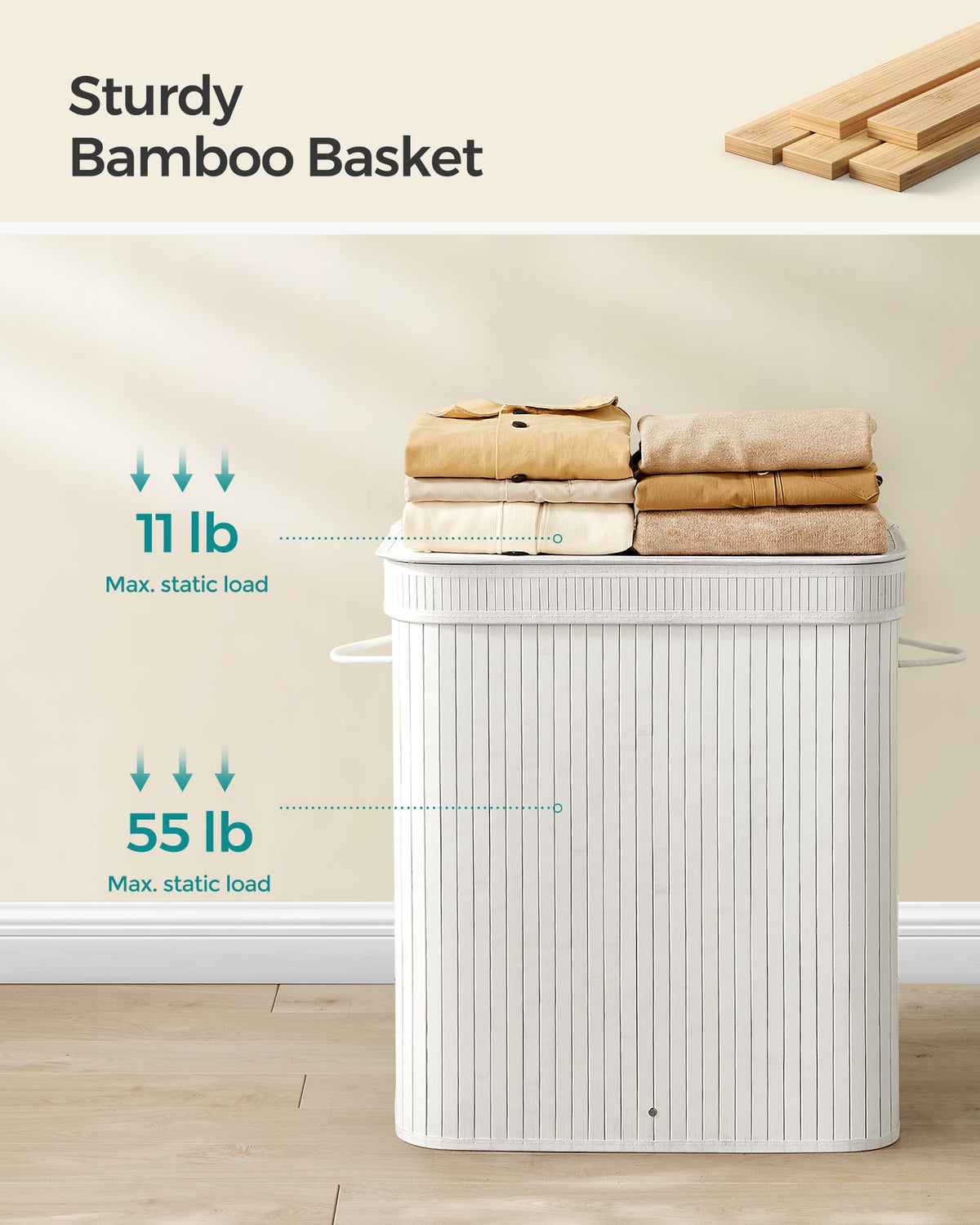 SONGMICS Laundry Hamper with Lid, Bamboo Laundry Basket, Removable Machine Washable Laundry Basket