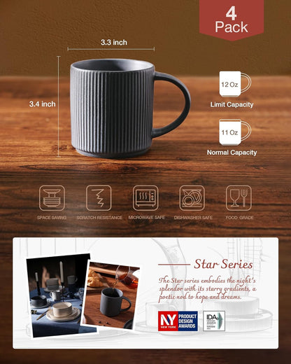 famiware Coffee Mug Set for 4, Star 12 oz Catering Mugs Cup Set with Handle for Coffee, Tea, Cocoa