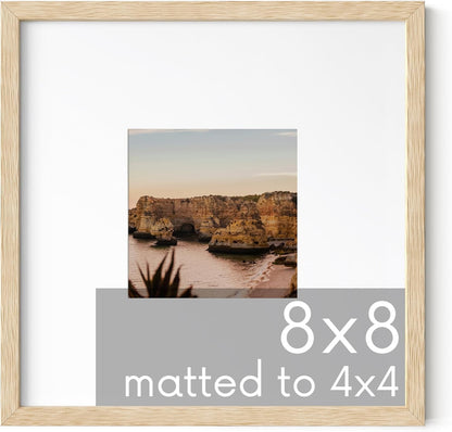 HAUS AND HUES Solid Oak 8"x8" Picture Frame Matted to 4"x4" - 8x8 Square Frame With or Without Mat
