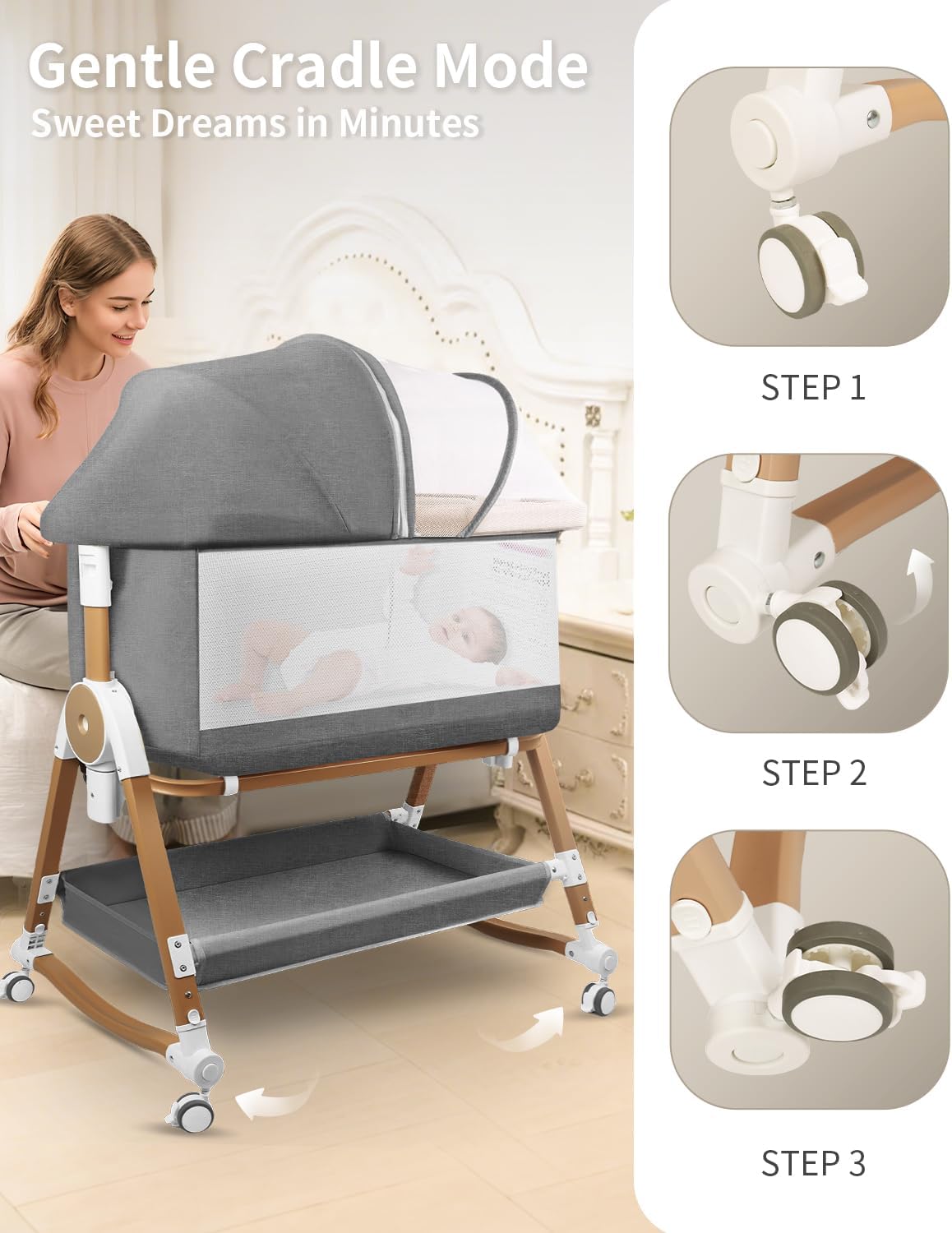 4 in 1 Baby Bassinet, Bassinets Bedside Sleeper with Wheels and Storage Basket, Adjustable 7