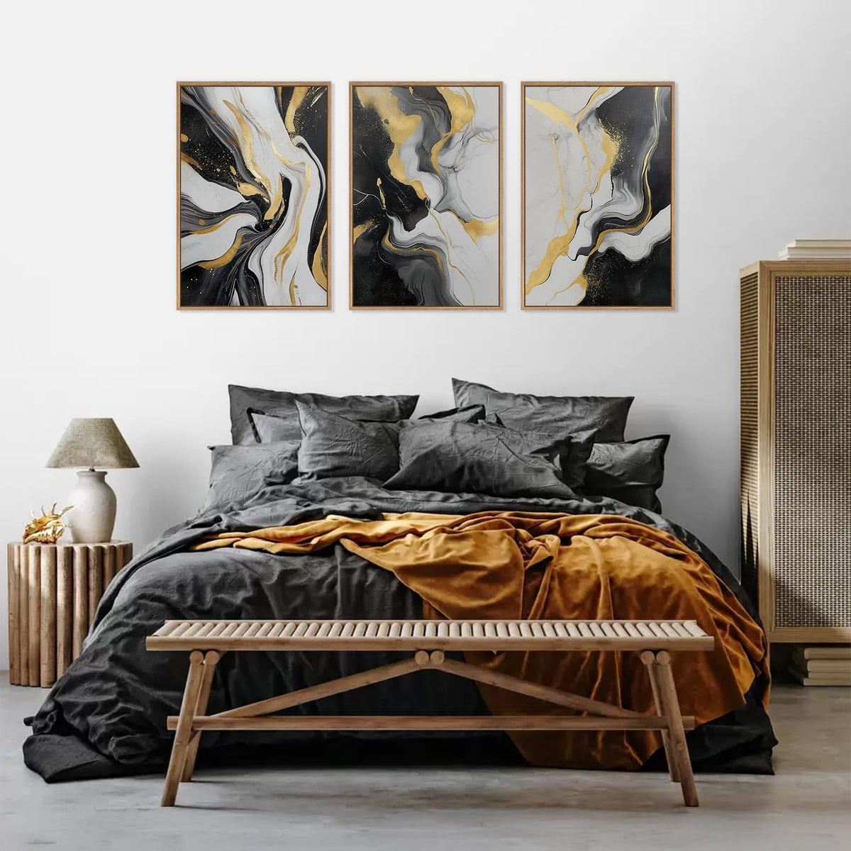 HLNIUC Abstract Gold and Black Framed Canvas Wall Art,Large Neutral Black and White Wall Decor Set