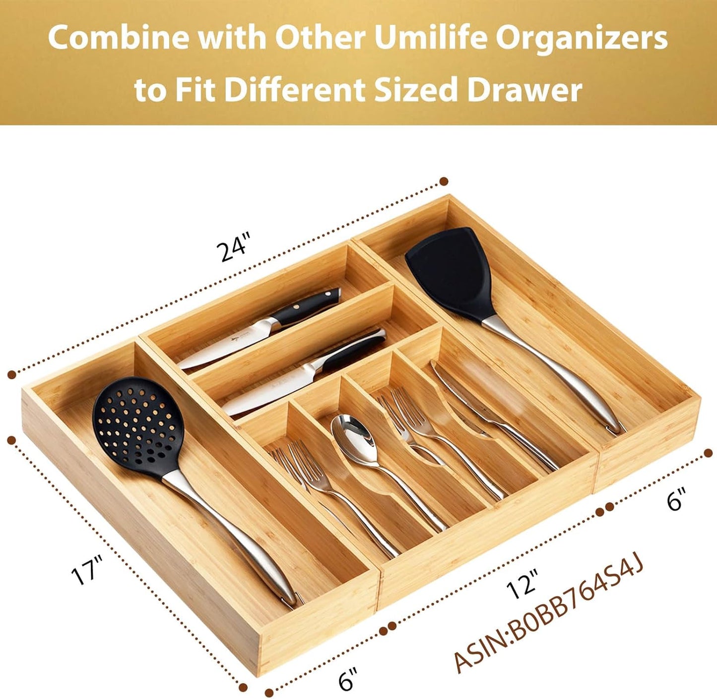 Umilife Bamboo Kitchen Utensils Organizer, Extra Long High Silverware Drawer Holder, Flatware