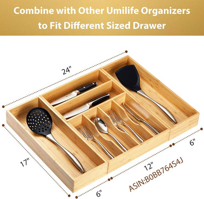 Umilife Bamboo Kitchen Utensils Organizer, Extra Long High Silverware Drawer Holder, Flatware