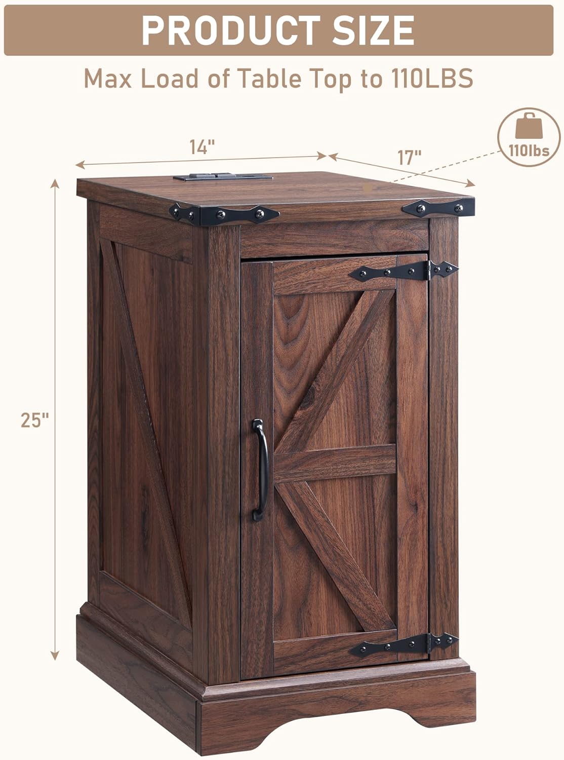 JXQTLINGMU Nightstand with Charging Station, Rectangular Farmhouse End Table with Barn Door and