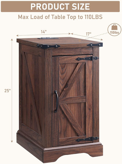 JXQTLINGMU Nightstand with Charging Station, Rectangular Farmhouse End Table with Barn Door and