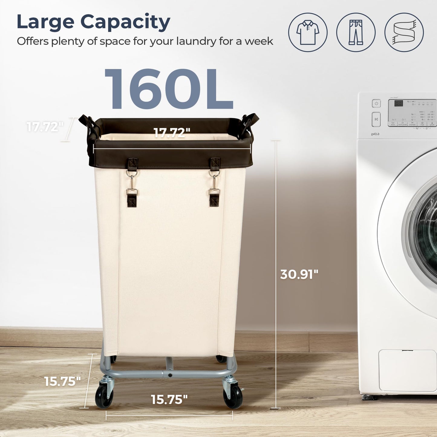 STO STO Laundry Hamper with Wheels, 160L Rolling Laundry Sorter Cart with Heavy Duty Steel Frame
