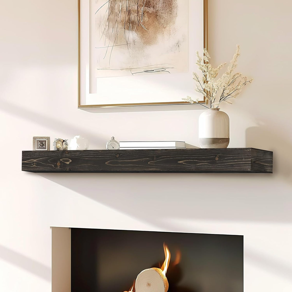 48x8x3 Fireplace Mantel - Handcrafted Hollow Rustic Solid Wood Wall Mounted Floating Shelf with