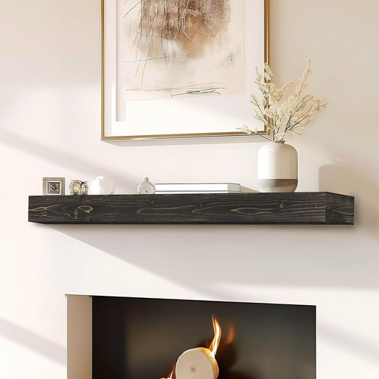 48x8x3 Fireplace Mantel - Handcrafted Hollow Rustic Solid Wood Wall Mounted Floating Shelf with