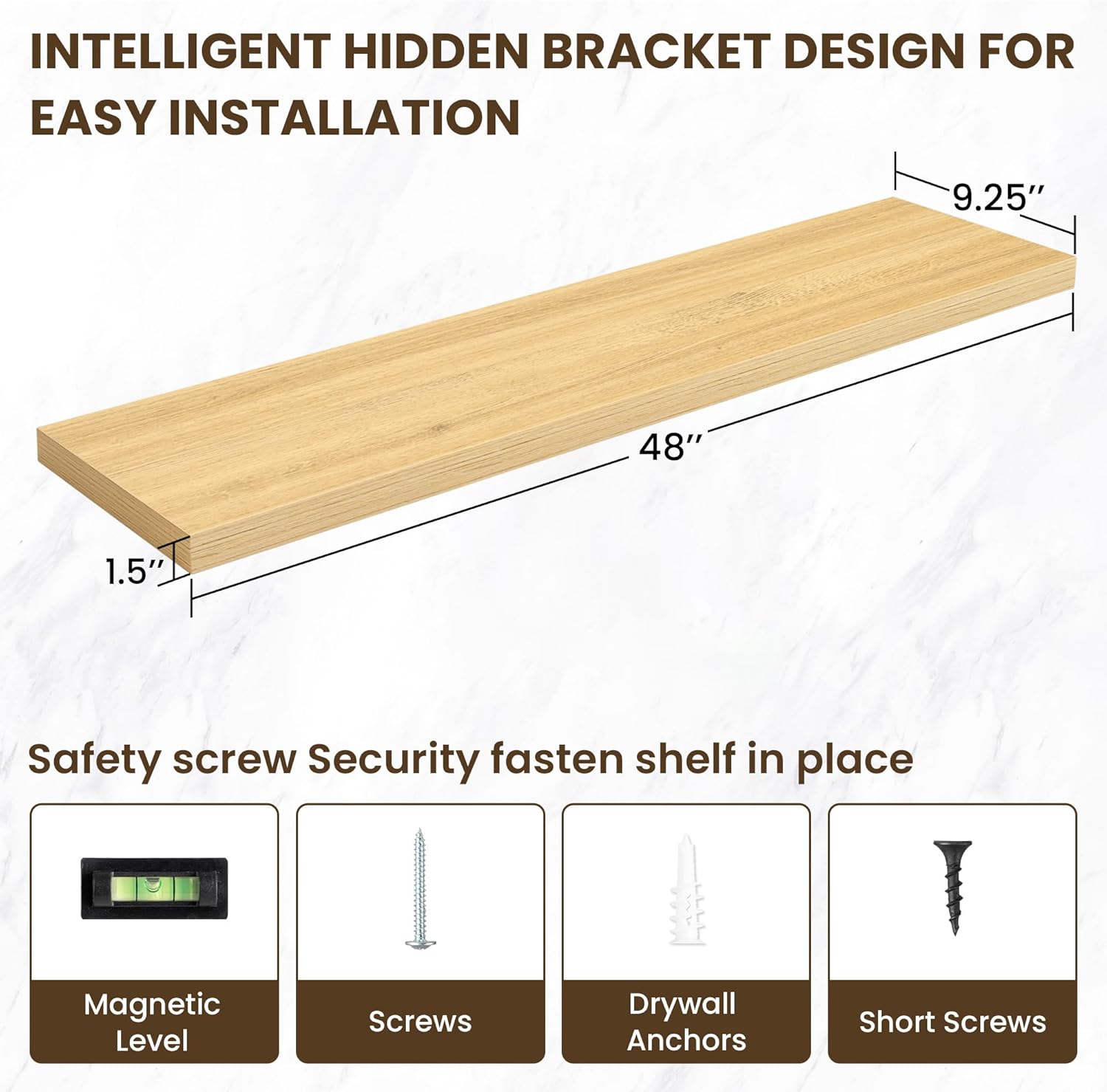 48 Inch Floating Shelves, 3D Textured Wood Grain, 48"x9.25"x1.5" Inch Deep Floating Shelves for