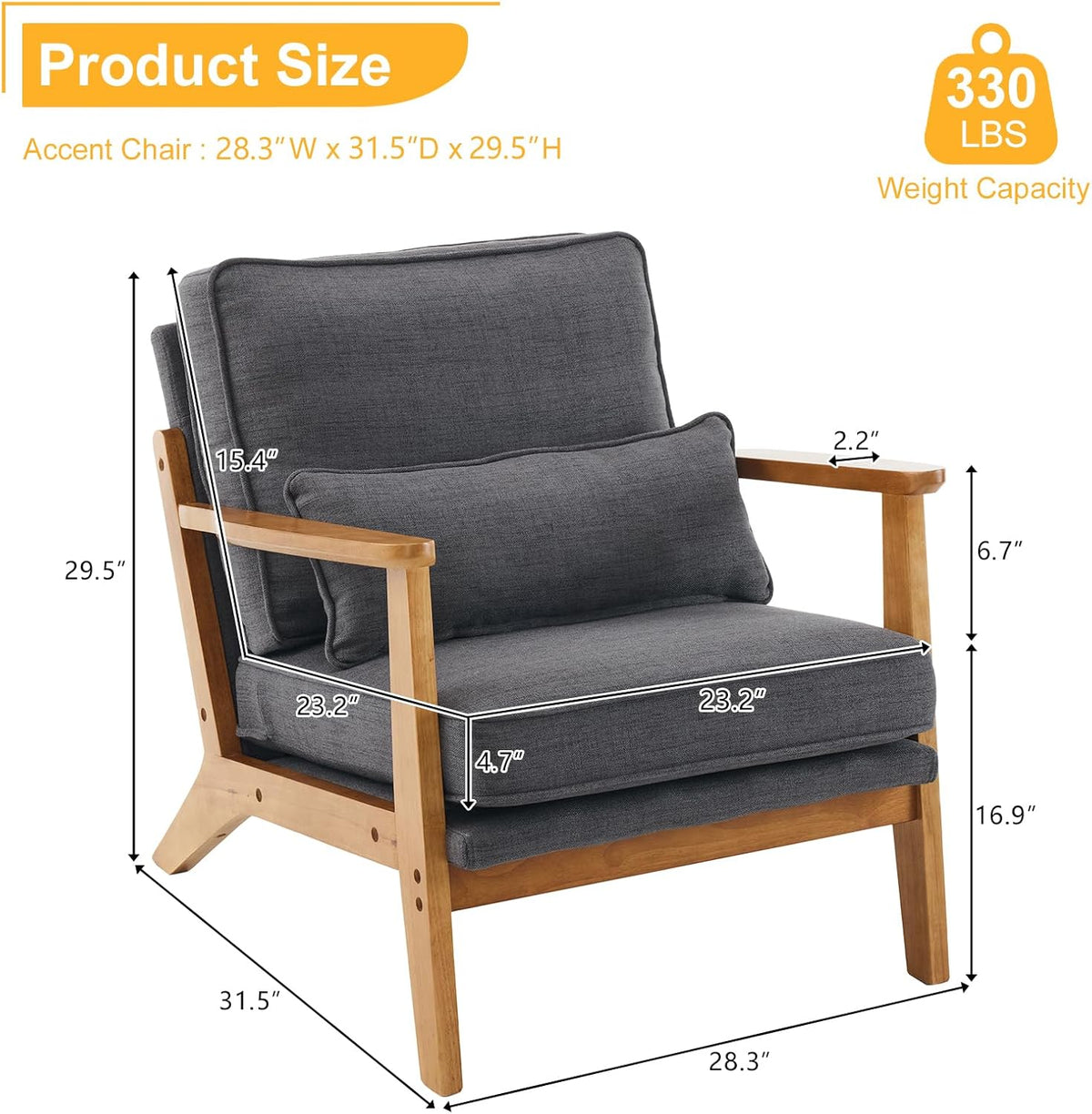 Karl home Accent Chair Wide Armrest Mid-Century Lounge Chair Linen Fabric Armchair with Lumbar