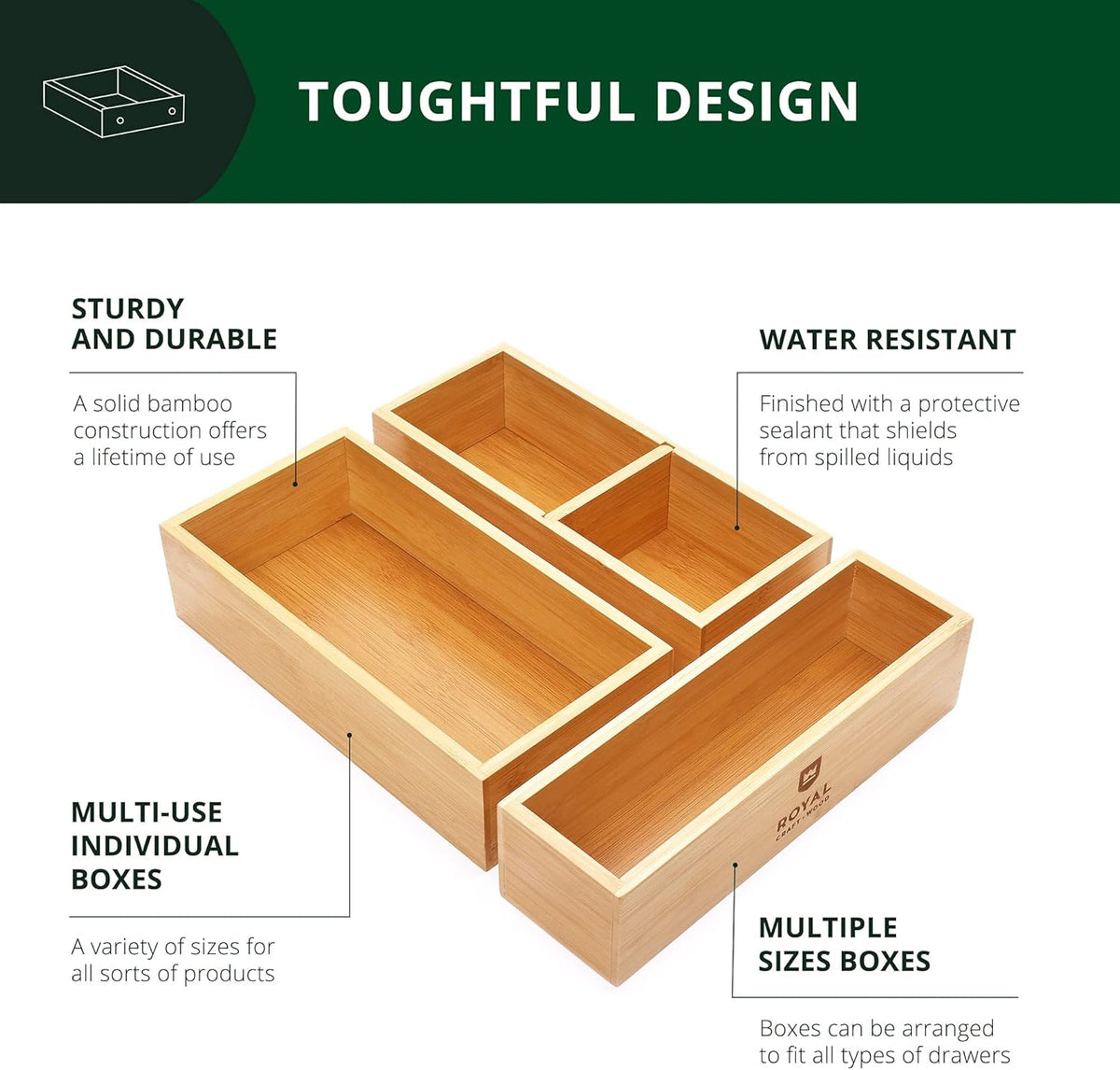 ROYAL CRAFT WOOD Luxury Bamboo Drawer Organizer Storage Box, Bin Set - Multi-Use Drawer Organizer