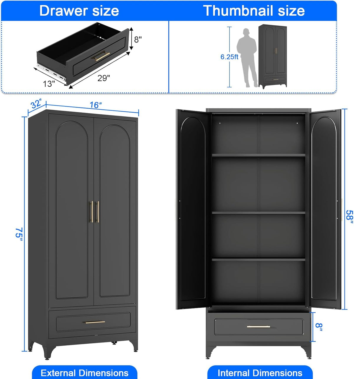 Black Pantry Kitchen Cabinet with Drawer, 75 Inch Metal Storage Cabinet with Doors and Shelves