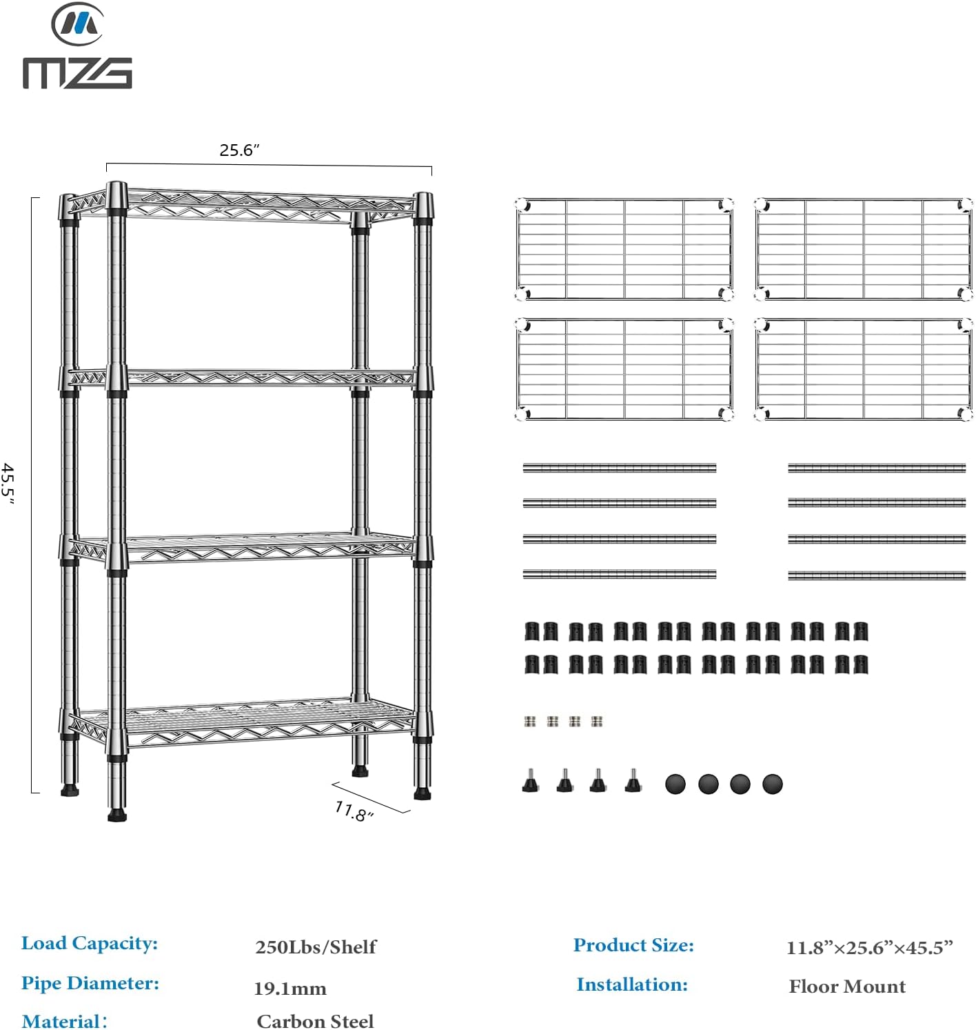 1000 lbs 4 Tier Shelf Metal Storage Shelves Wire Rack Closet Organizers for Garage Kitchen Bathroom