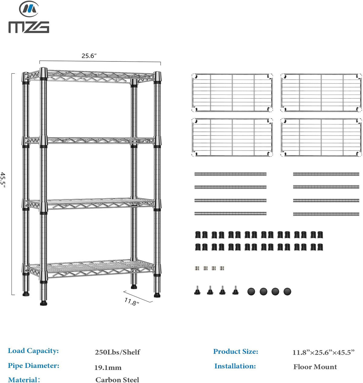 1000 lbs 4 Tier Shelf Metal Storage Shelves Wire Rack Closet Organizers for Garage Kitchen Bathroom
