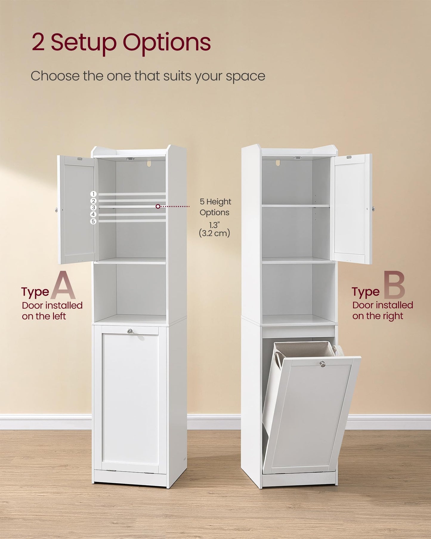 VASAGLE Tall Storage Cabinet, Storage Unit with Removable Laundry Basket, Compartment and Cabinet
