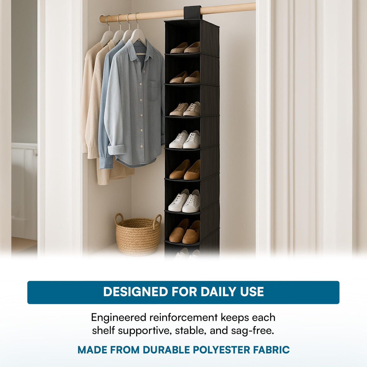 Honey-Can-Do 10-Shelf Hanging Shoe Organizer, Black - Closet Storage Rack for Shoes, Accessories &