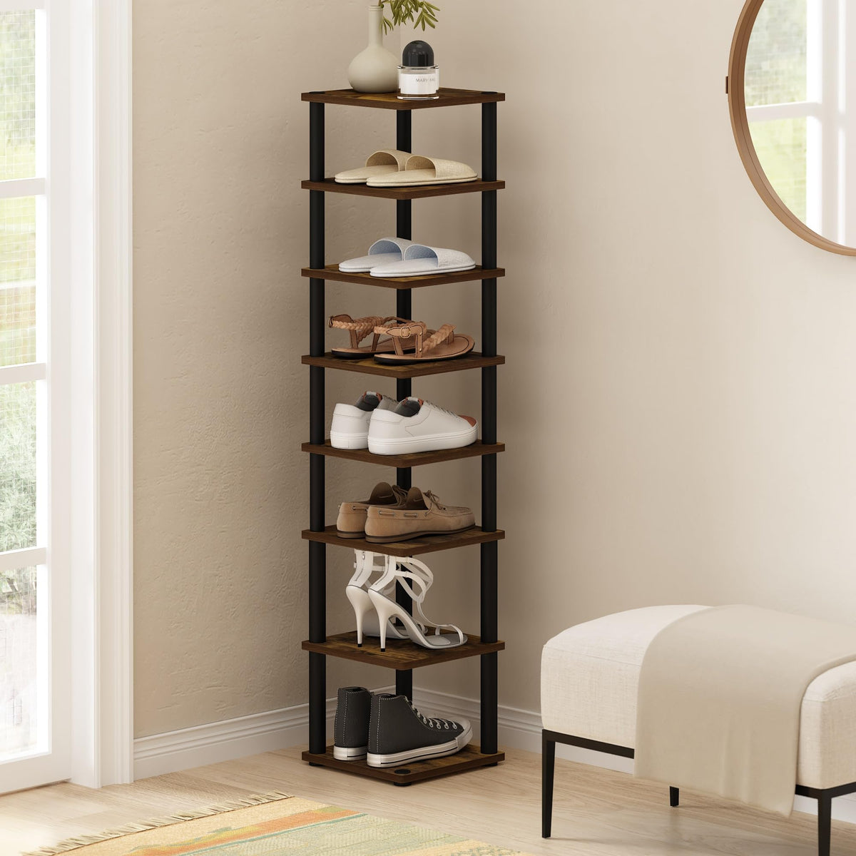 Furinno Turn-N-Tube Vertical Shoe Rack, 8-Tier Narrow Shoe Organizer, Free Standing Shoe Storage