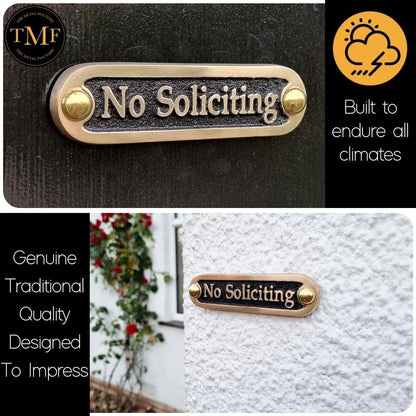 No Soliciting Brass Door Sign. Traditional Style Home Décor Wall Plaque Handmade By The Metal