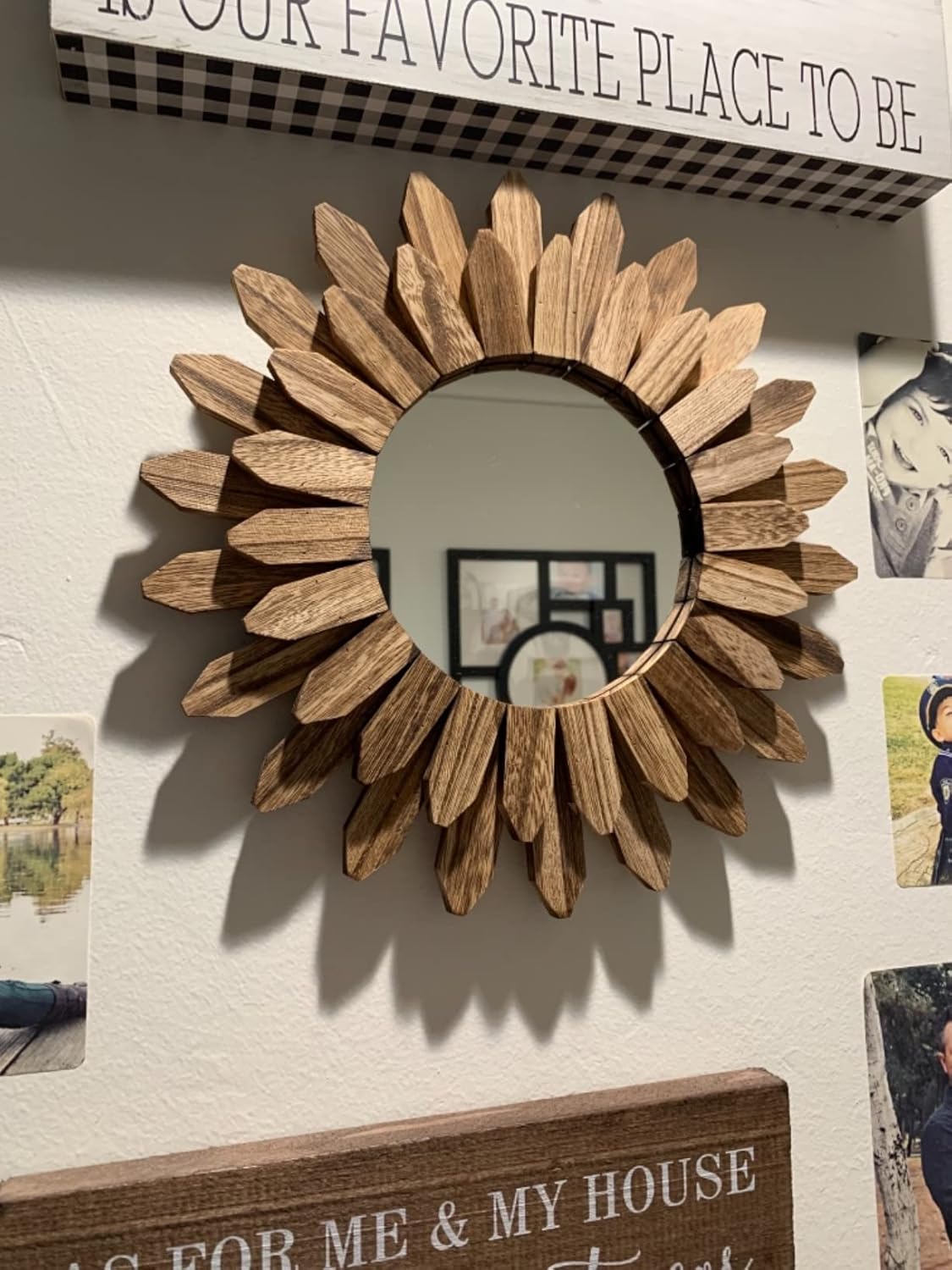 Honiway Wall Mirror Decorative 12 inch Rustic Wood Mirror Sunburst Boho Mirror for Entryway Bedroom