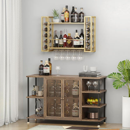 Wall Mounted Wine Rack, Hanging Floating Bar Liquor Shelves with Glass Holder, Metal Bottle Holder