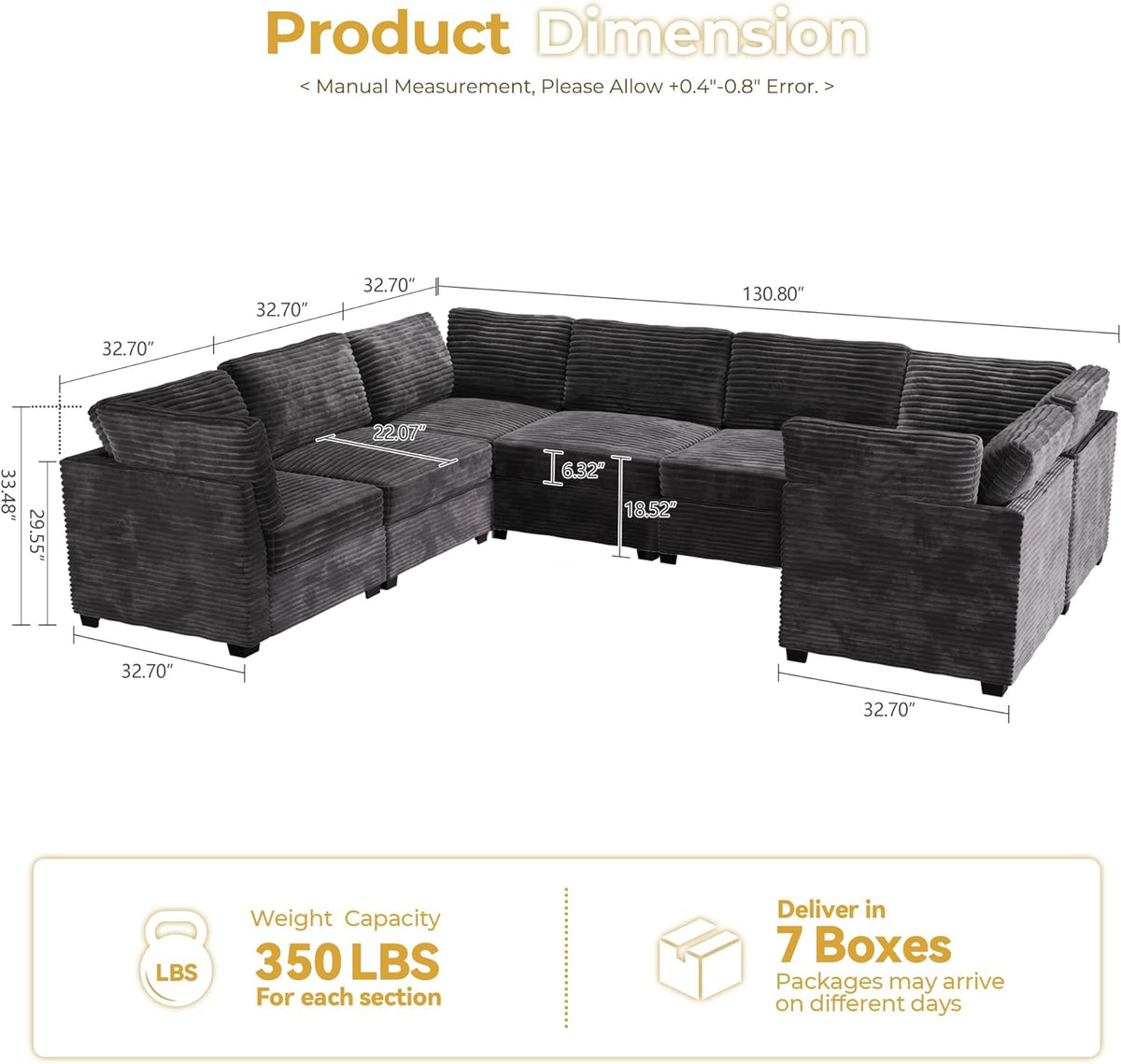 HOOOWOOO Modular Sectional Sofa,7 Pieces Sectional Couches for Living Room,131X98 U Shaped Cloud