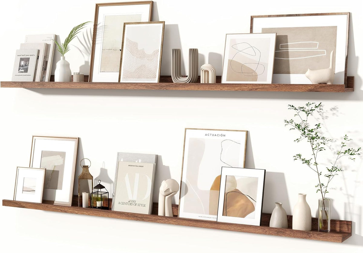 Fun Memories Picture Ledge Shelves Set of 2, 55 Inch Rustic Wall Mounted Floating Shelves with Lip