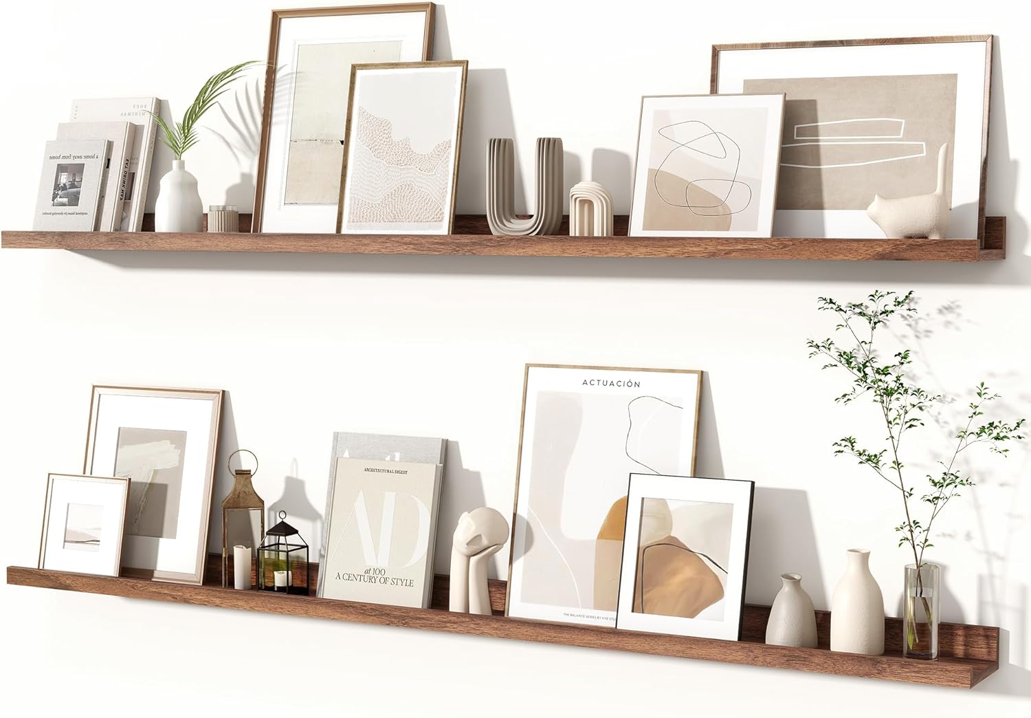 Fun Memories Picture Ledge Shelves Set of 2, 55 Inch Rustic Wall Mounted Floating Shelves with Lip