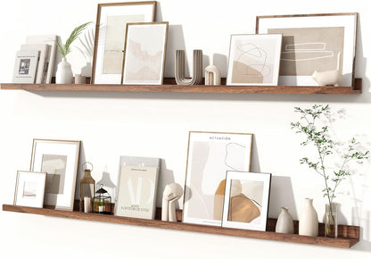 Fun Memories Picture Ledge Shelves Set of 2, 55 Inch Rustic Wall Mounted Floating Shelves with Lip