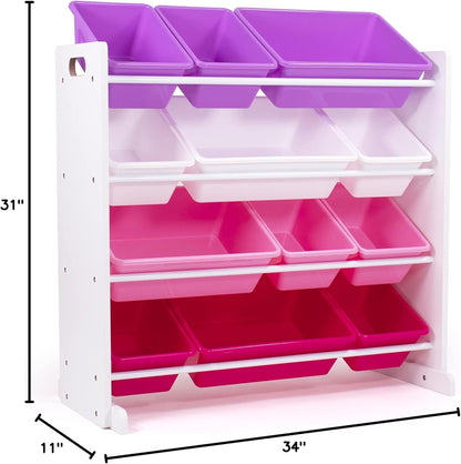 Humble Crew Kids Toy Storage Organizer with 12 Plastic Bins, White/Pink/Purple – Removable Bins for