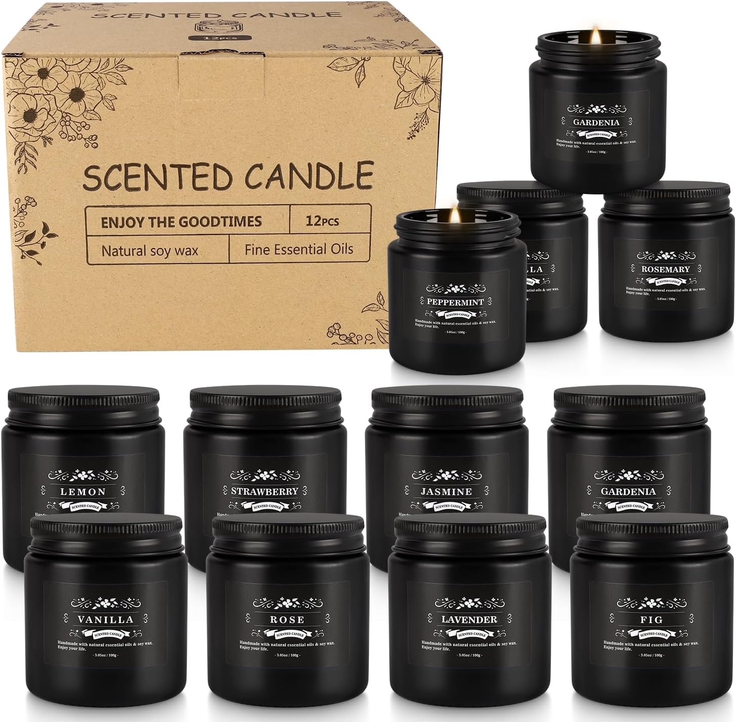 Scented Candle Set 12 Pack,Black, Candle for Home Scented, Odor Eliminating, Stress Relief, Long