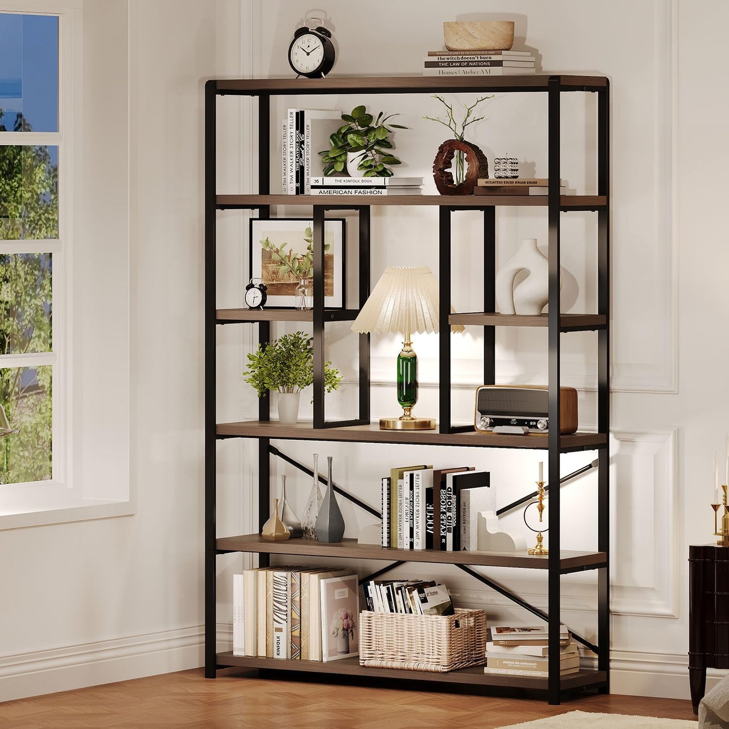 LVB Tall Industrial Etagere Bookcase, Modern Wood Large Open 6 Tier Bookshelf, Vintage Wide Metal