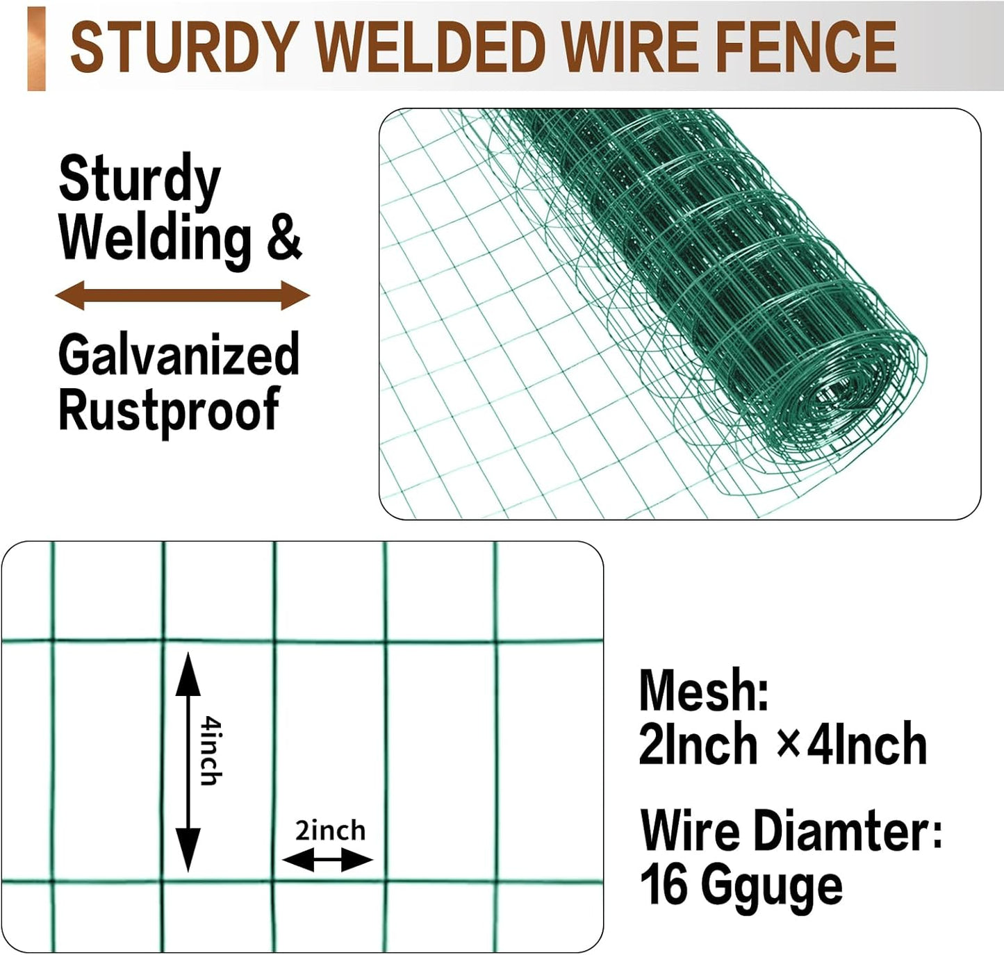 Tongmo 2 ft x 100 ft Green PVC Coated Welded Wire Fence, 16GA Garden Chicken Wire Fence Roll, Mesh