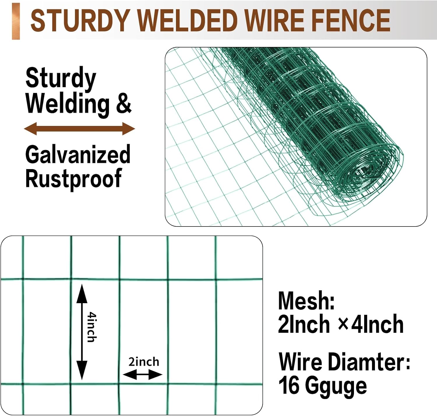 Tongmo 2 ft x 100 ft Green PVC Coated Welded Wire Fence, 16GA Garden Chicken Wire Fence Roll, Mesh