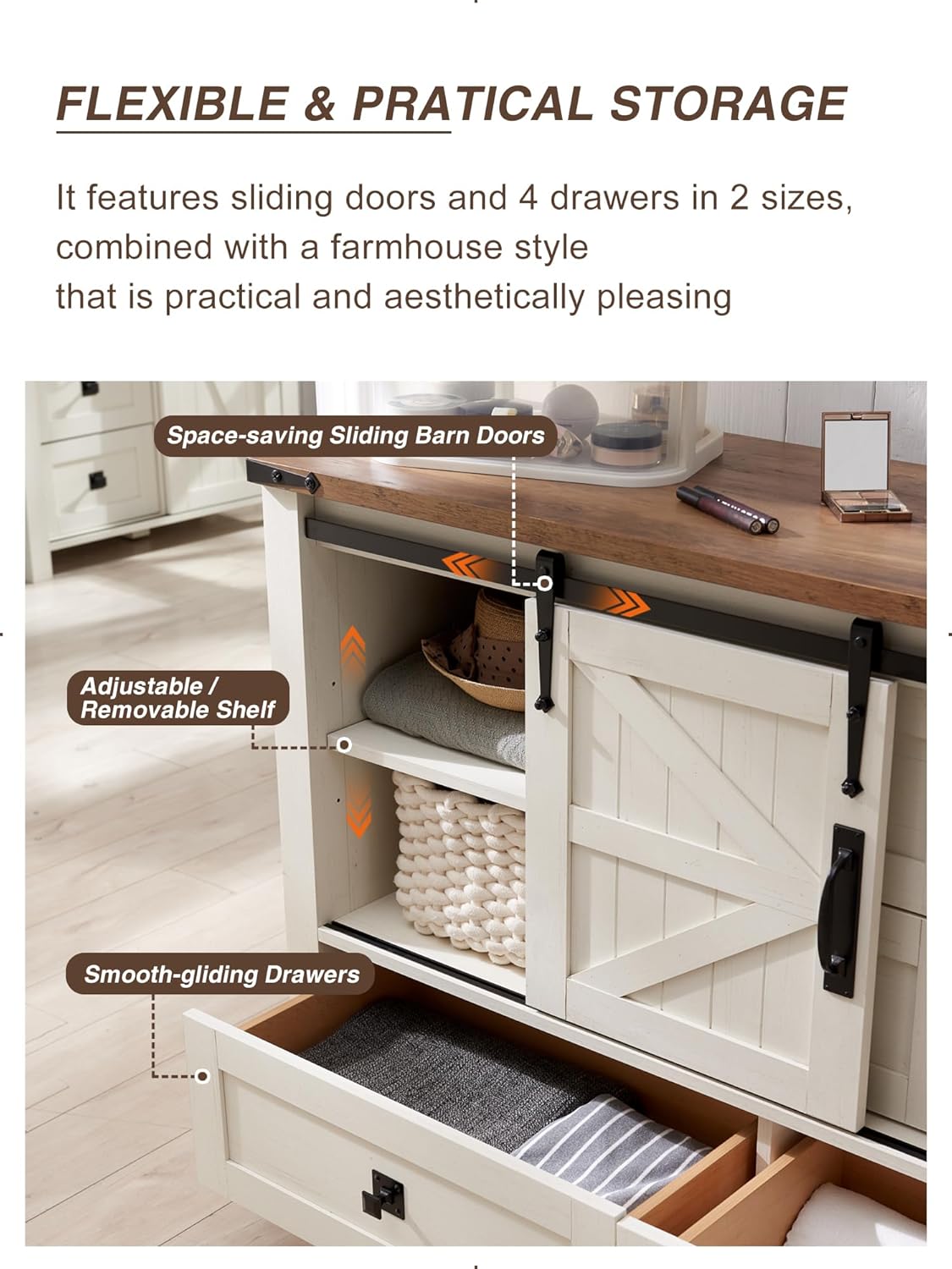T4TREAM Farmhouse Dresser for Bedroom w/4 Drawers & Sliding Barn Doors, 48'' Wide Chest of Drawers