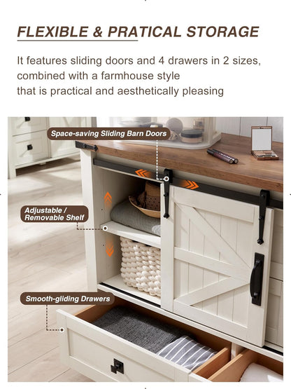 T4TREAM Farmhouse Dresser for Bedroom w/4 Drawers & Sliding Barn Doors, 48'' Wide Chest of Drawers