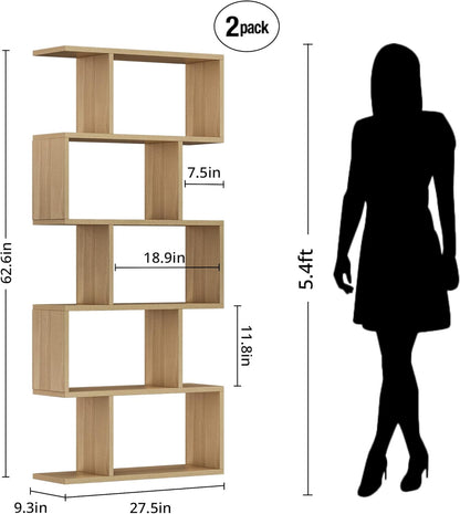 Oak 5-Tier Geometric Bookcase, S-Shaped Modern Bookshelf Set of 2, 62.6" Tall Room Divider Book